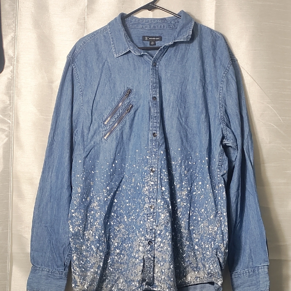INC International Concepts Blue Splatter Denim‎ Shirt